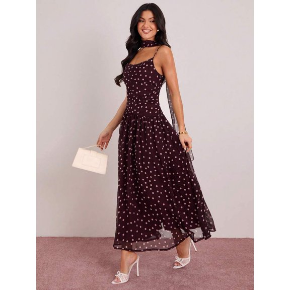 Burgundy Polka Dot Sleeveless Cinched Waist Maxi Dress With Choker Detail For Women