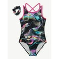 thumbnail image 4 of Justice Swirl Print Strappy Back Gymnastic Leotard for Girls with Scrunchie, Sizes XS-XL, 4 of 4