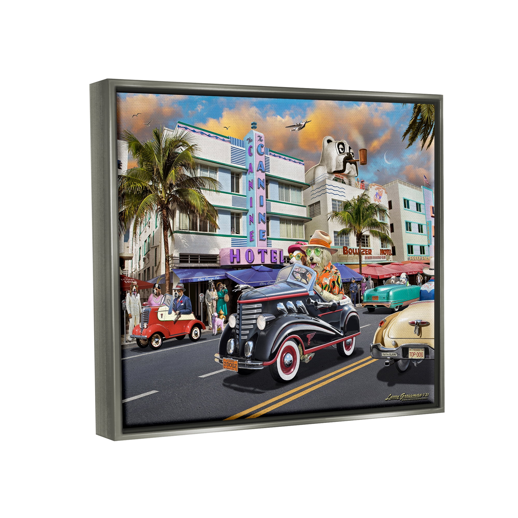 Stupell Industries Dog Days Miami Transportation Painting Gray Floater Framed Canvas Art Print Wall Art, 31 x 25