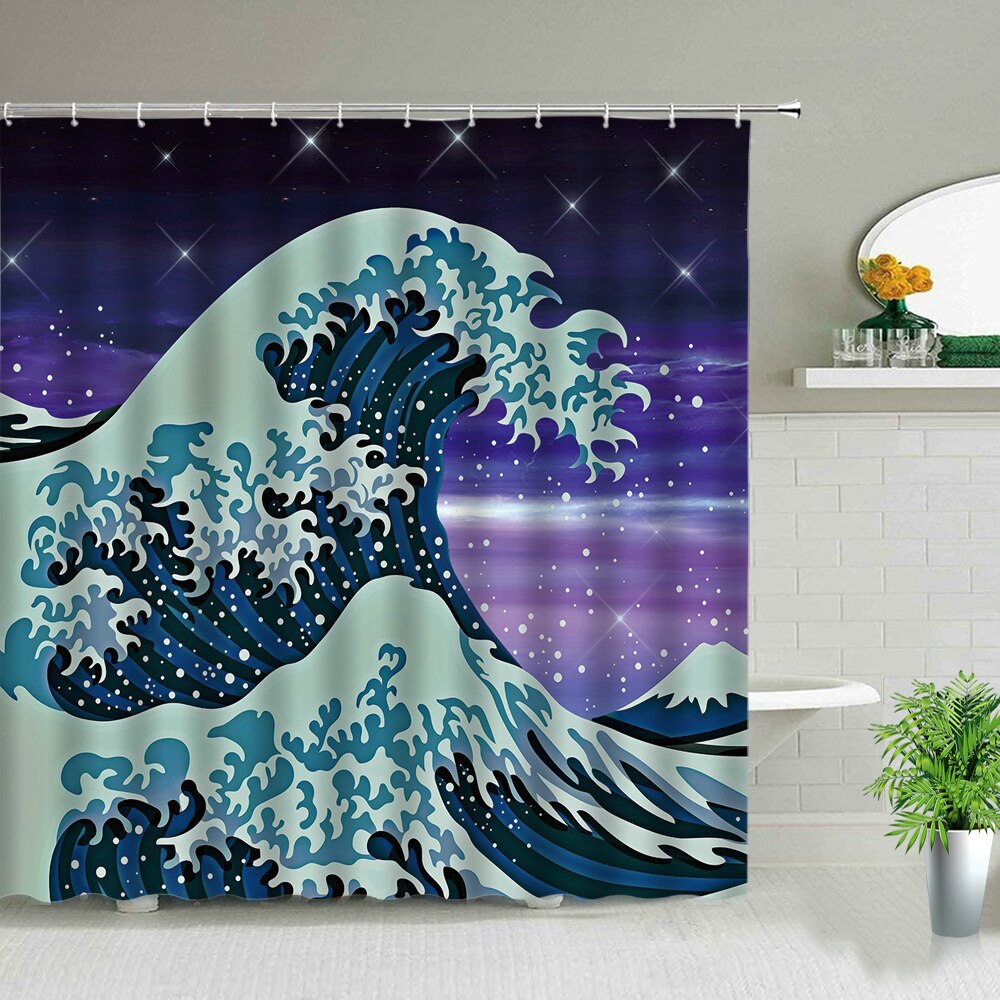 Sea Wave Pattern Cartoons Scenery Shower Curtain Set Modern Bathroom