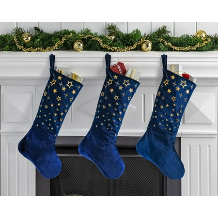 New Traditions - 3-Pack 20 inch Christmas Stockings - Blue Velvet with Gold Foil Stars