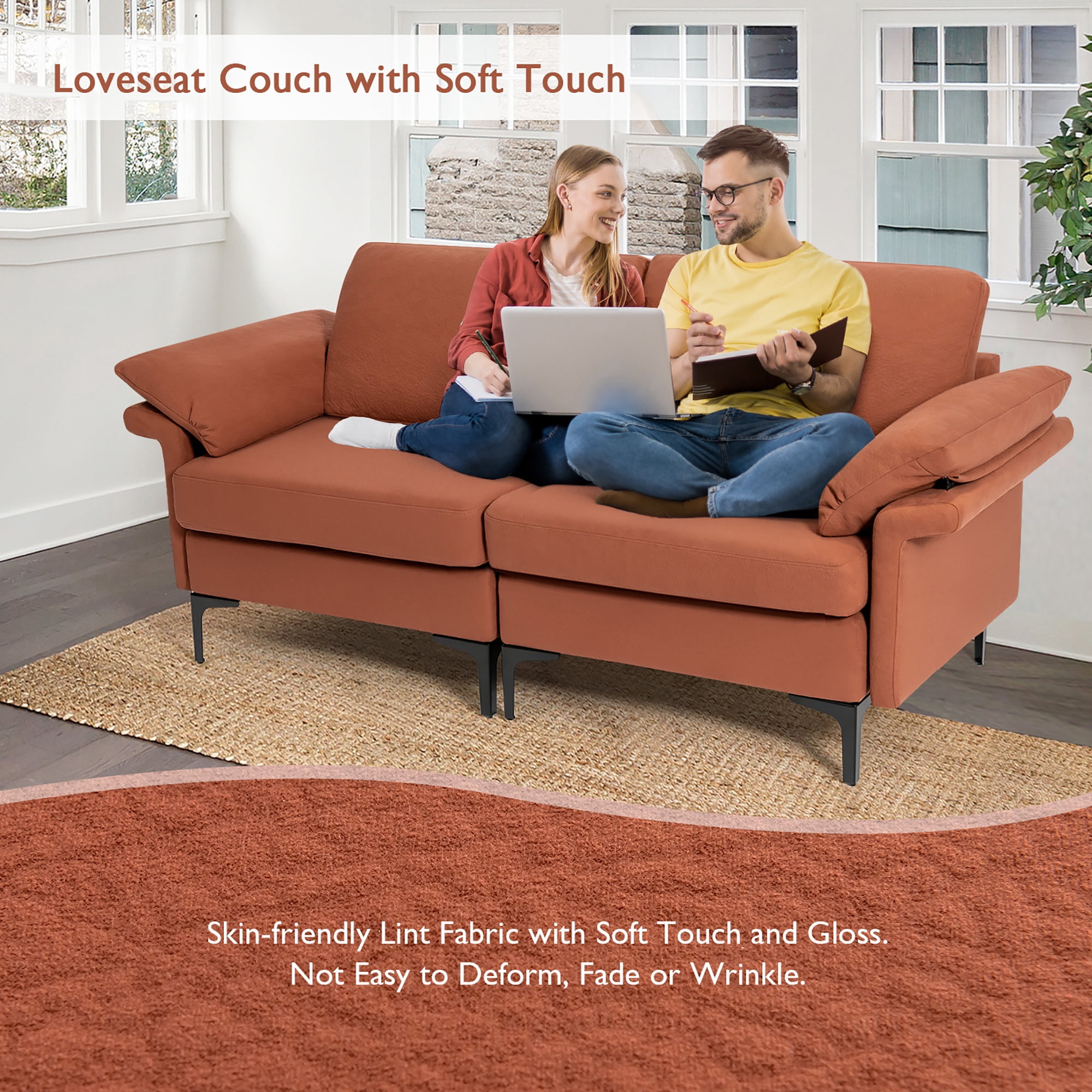 Costway Modern Loveseat Fabric 2-Seat Sofa Couch for Small Space w/ Metal Legs Rust Red