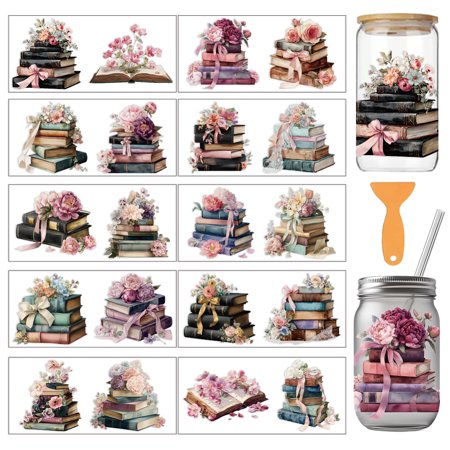 10 Sheets Colorful Books UV DTF Cup Wrap 16OZ Glass Ribbons Floral Plants Patterns Books Rub on Decals PVC Transfer Stickers