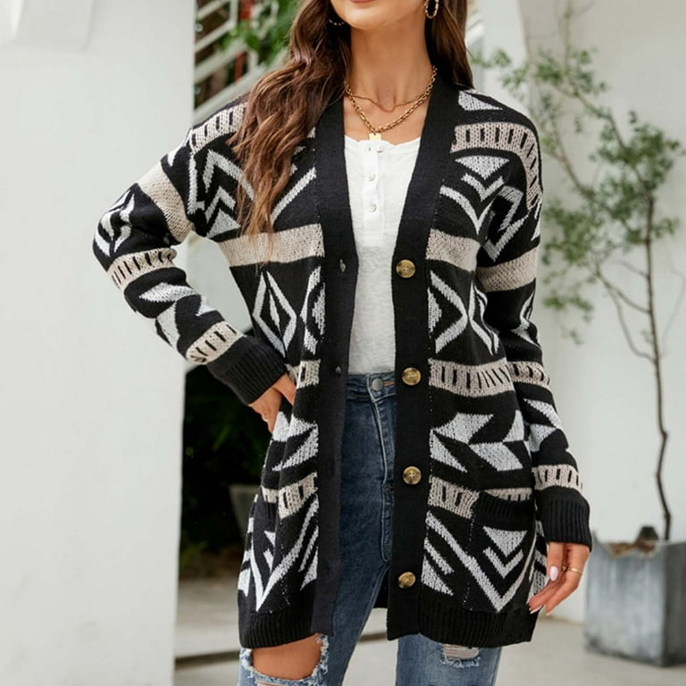 Women Geometric Print Open Front Cardigan Sweaters Long Sleeve Button Loose  Casual Soft Warm Knit Sweater Coat