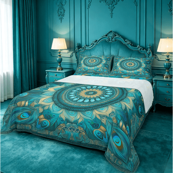 meiyoeat Teal Peacock Pattern Queen Sheets For Adults,Vintage Boho Art Queen Sheet Sets For Women,4 Pieces