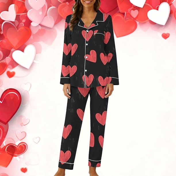 TaTaai Women's Valentine's Day Printed Lapel Loungewear Set, Long Sleeve Top and Pants Pajama Outfit, Casual Sleepwear Gift