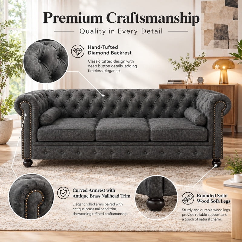 Anpport 81" Rolled Arm Chesterfield Sofa, Faux Leather 3 Seater Couch, Button Tufted, Nailhead Trim & Solid Wood Legs for Living Room & Office, Dark Grey