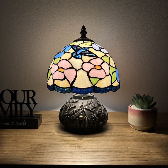 Tiffany Mini Table Lamp Pink Blue Stained Glass Hummingbird Flowers Included LED Bulb Dragonfly Base for Living Room Dining Room Bedroom Bedside 12"H*8"W