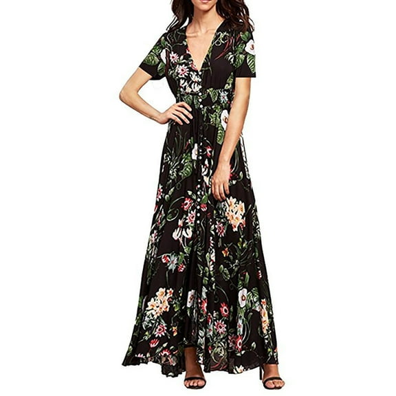 Women's Plus Size Bohemian Floral Printed Dress,Wrap V Neck Short Sleeve High Split Beach Party Maxi Dresses with Waist Strings