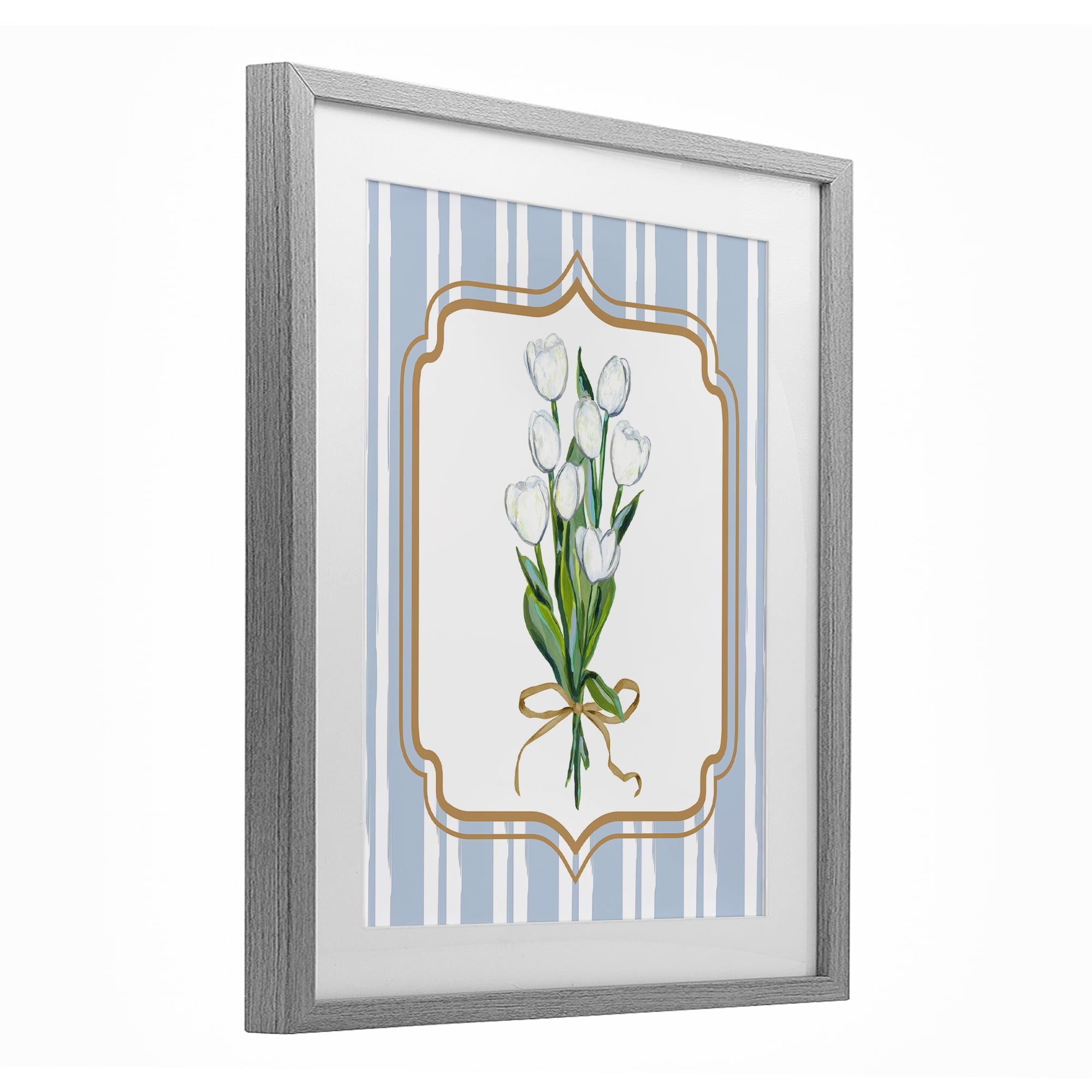 White Tulip Bouquet & Stripes Gray Framed Print Under Glass, design by Adonna Ebrahimi