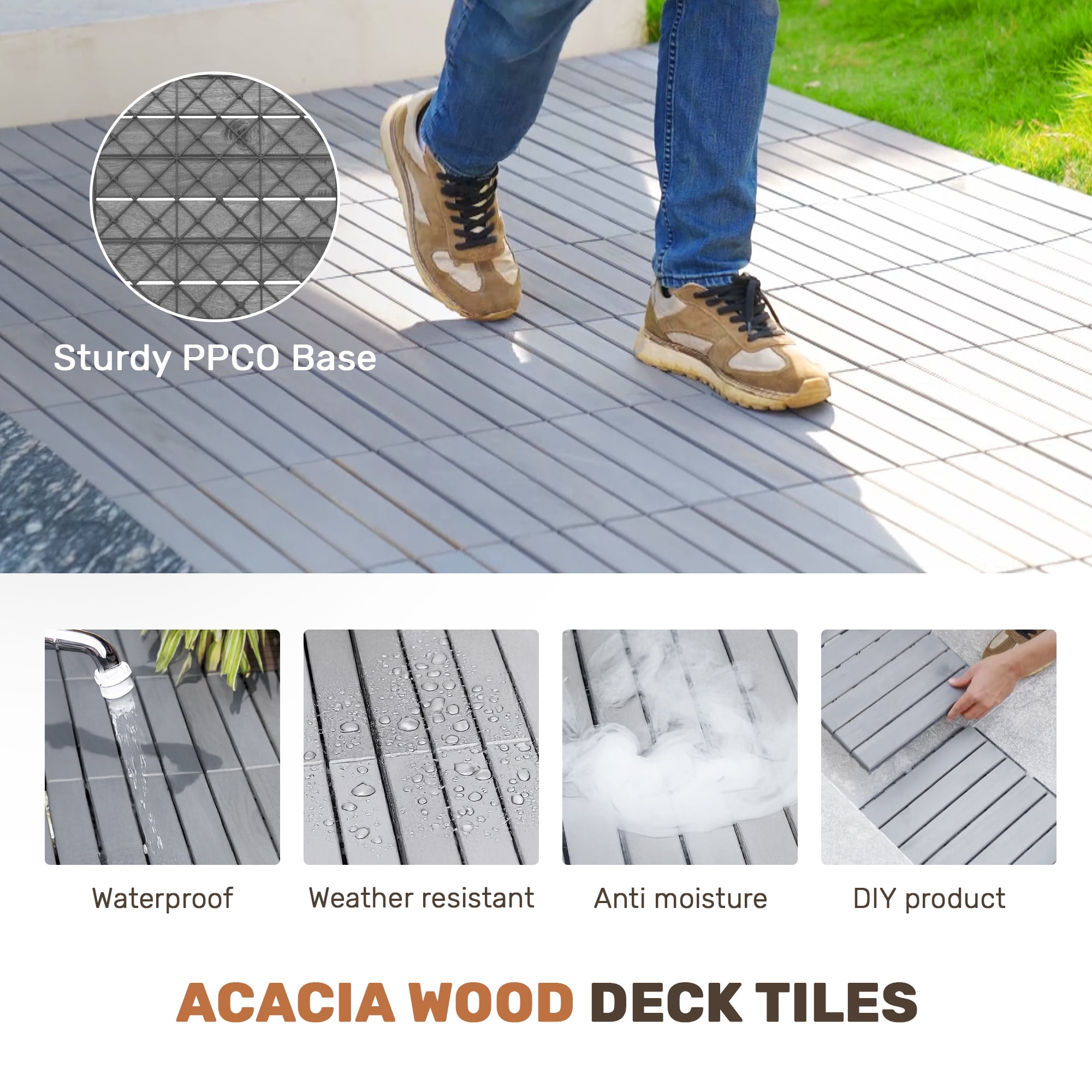 Acacia Wood Deck Tiles, 30 PCS 12x12 Inch Striped Hardwood Tiles for Patio Balcony Backyard Garden, Light Gray