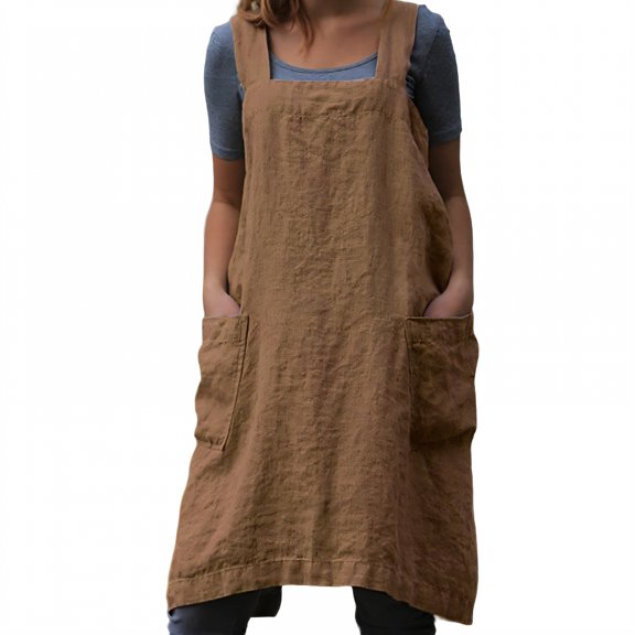 AUQ Aprons for Women with Pockets,Linen and Cotton Blend Kitchen Apron,Unaltered Form Apron with Pockets,Brown,M