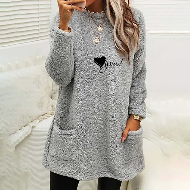 Hauts d'Automne pour Femmes Col Rond et Blouse Ample d'Hiver avec Poche Imprimée Manches Longues en Solde