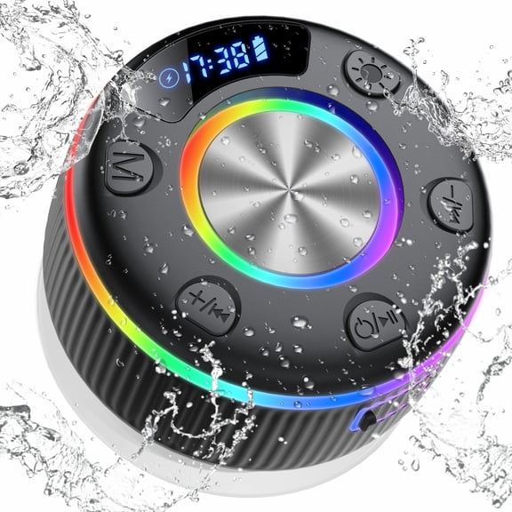 Bluetooth Shower Speaker, IP7 Waterproof Portable Speaker, with Suction Cup, Mini Bluetooth Speaker, BT 5.4, 12H Playtime, RGB Mode, 360° Stereo, for Bathroom, Beach, Pool, Outdoor, Gifts, Black