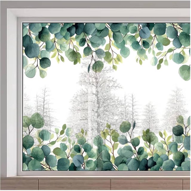 Calcomanías estáticas para ventanas con hojas de eucalipto grandes de 15 x 46 pulgadas, hojas verdes de primavera, calcomanías para ventanas colgantes de verano, vinilo estático no adhesivo de doble