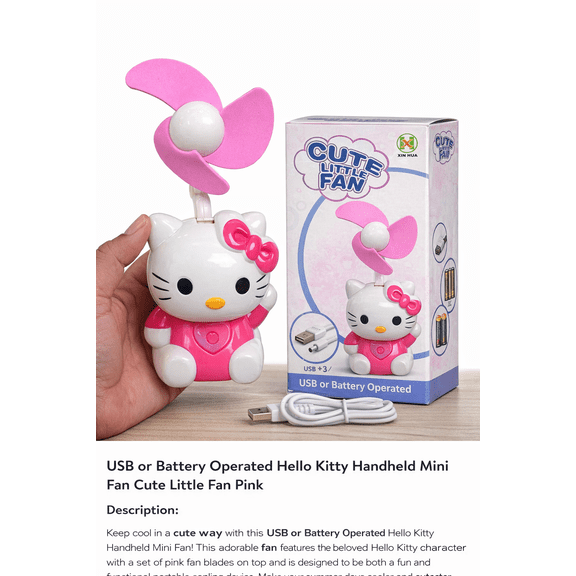 Cute Hello Kitty Mini USB Fan – Portable Handheld Desk Fan, USB or Battery Operated, Color may Vary