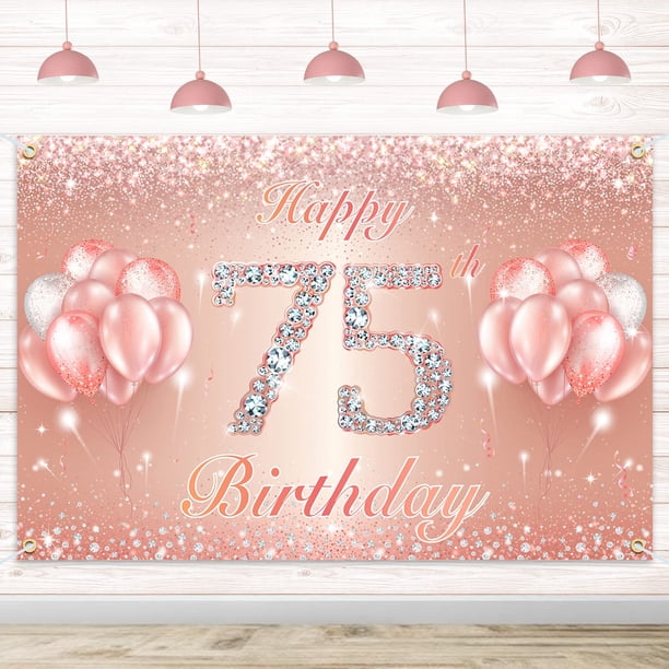 Fondo De Cartel De Feliz Cumpleaños Número 75 - 75 Suministros De Decoración Para Fiesta De Cumpleaños Para Mujeres O Hombres - Oro Rosa 4 X 6 Pies