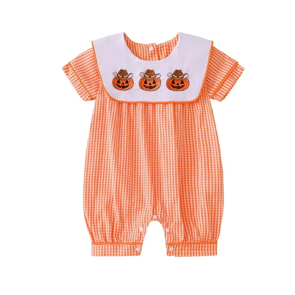 Ulanda Baby Boy Smocked Pumpkin Romper Short Sleeve Embroidery Truck Babydoll Collar Gingham Jumpsuit Halloween Clothes (Orange, 6-12 Months)