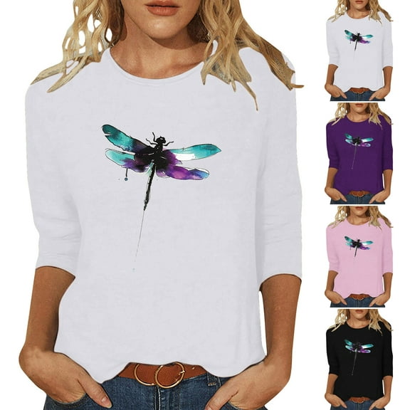 CYMMPU Loose Fit Crew Neck Spring Tops Summer Fashion Shirts Floral Printed Blouses for Women Dressy Casual 3/4 Sleeve T-Shirts Lightweight Basic T-Shirts XL