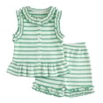 thumbnail image 2 of 2Pcs Baby Girl Summer Outfit, Sleeveless Striped Ruffle Trim Button Top  Shorts Set, Toddler Infant Knit Clothes, 2 of 3