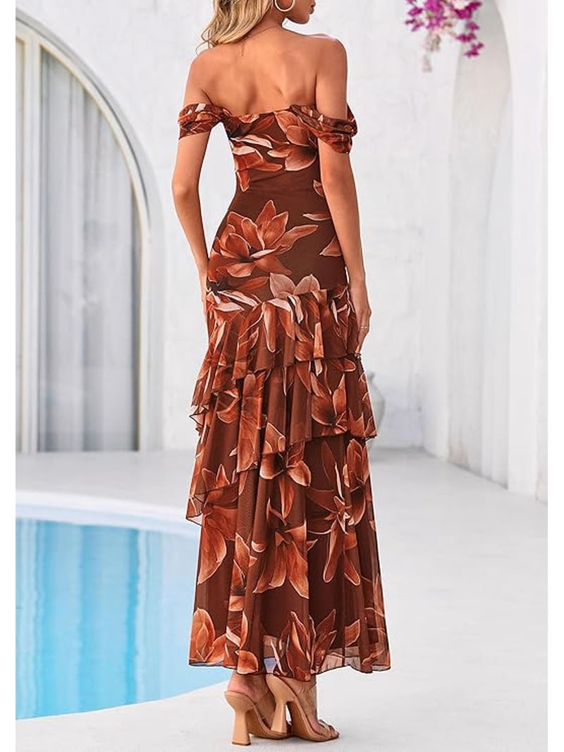 Prettygarden Women's Formal Cocktail Maxi Dresses Summer Off Shoulder Floral Mesh Bodycon Spring Wedding Guest Dress, Size: XS, Brown
