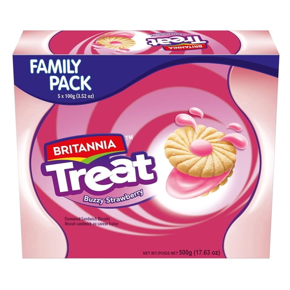 Britannia Treat Biscuits Sandwich Each Magic of Cookies Healthy Snack Perfect for Breakfast 17.63oz (500g) Pack of 5 (Strawberry)