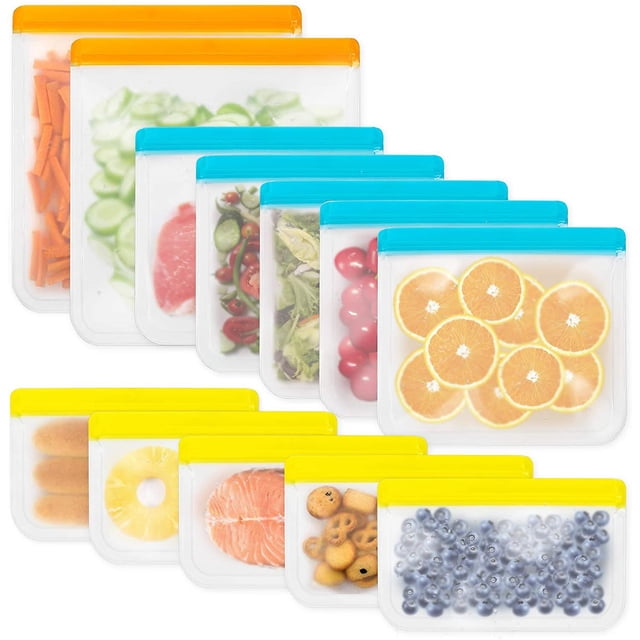 Reusable Storage Bags, 12 Pack Bpa Free Leakproof Freezer Bag For Liquid Lunch Sandwich Marinate Meat Fruits - 2 Gallon, 5 Sandwich And 5 Small Bags,