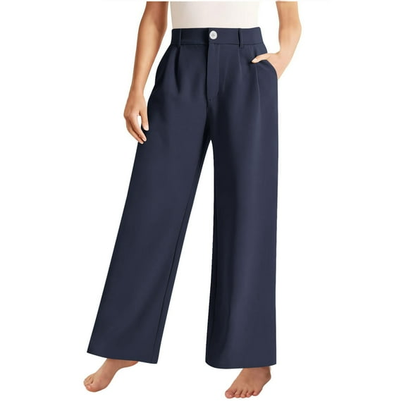 GiLiling Girls High Waisted Wide Leg Dress Pants Teen Pull On Relaxed Fit Formal Uniform Pants with Pockets (Navy, 160)