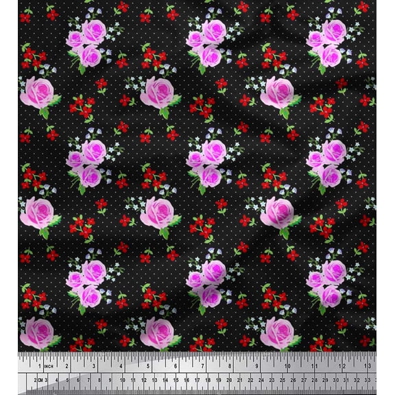 Soimoi Cotton Duck Fabric Dot,Leaves & Rose Floral Decor Fabric Printed Yard 42 Inch Wide