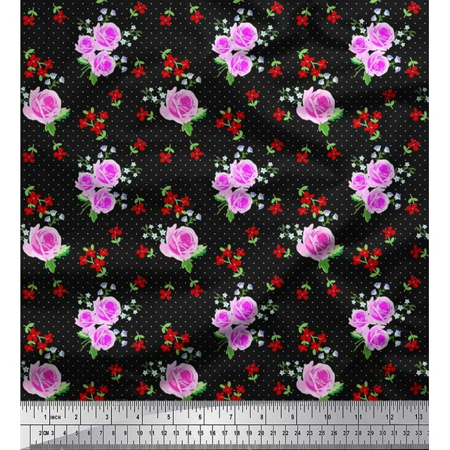 Soimoi Poly Georgette Fabric Dot,Leaves & Rose Floral Print Fabric by The Yard 52 Inch Wide