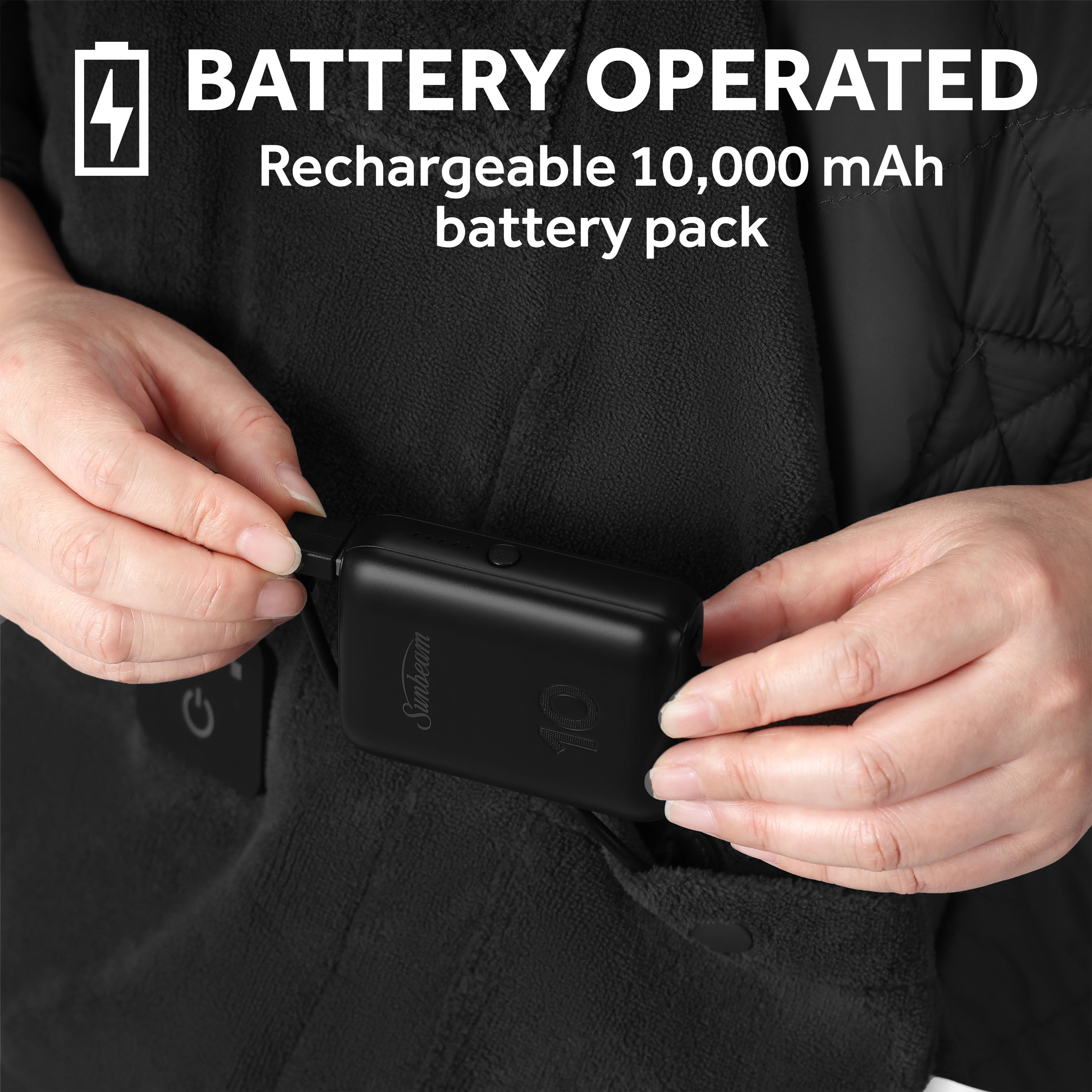 Sunbeam Cordless Rechargeable Heated Electric Wearable Throw Blanket with Hood, Black, 4 Heat Settings, 50 x 66 in
