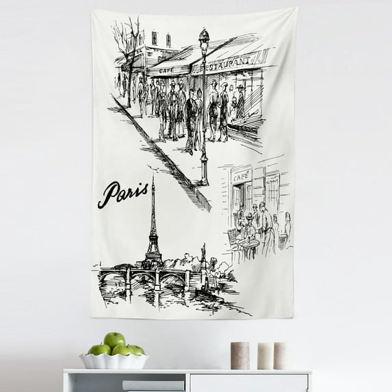Black White Tapestry, Paris Sketch Style Cafe Restaurant Landmark Canal Boat Lantern Retro Print, Fabric Wall Hanging Decor for Bedroom Living Room Dorm, 5 Sizes, Black White, by Ambesonne