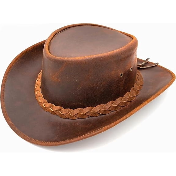 Equine Care Leather Cowboy Hat – Genuine Cowhide Western Outback Hat with Shapeable 2.7″ Brim & Chin Strap, Rustic Brown, Large (58–59 cm)