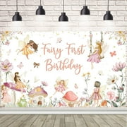 Fairy First Birthday Banner for Girls Pink Gold Glitter Floral Fairy One Year Old Backdrop Butterfly Flowers 1st Birthday Banner for Baby Girl First Bday Party Decoration
