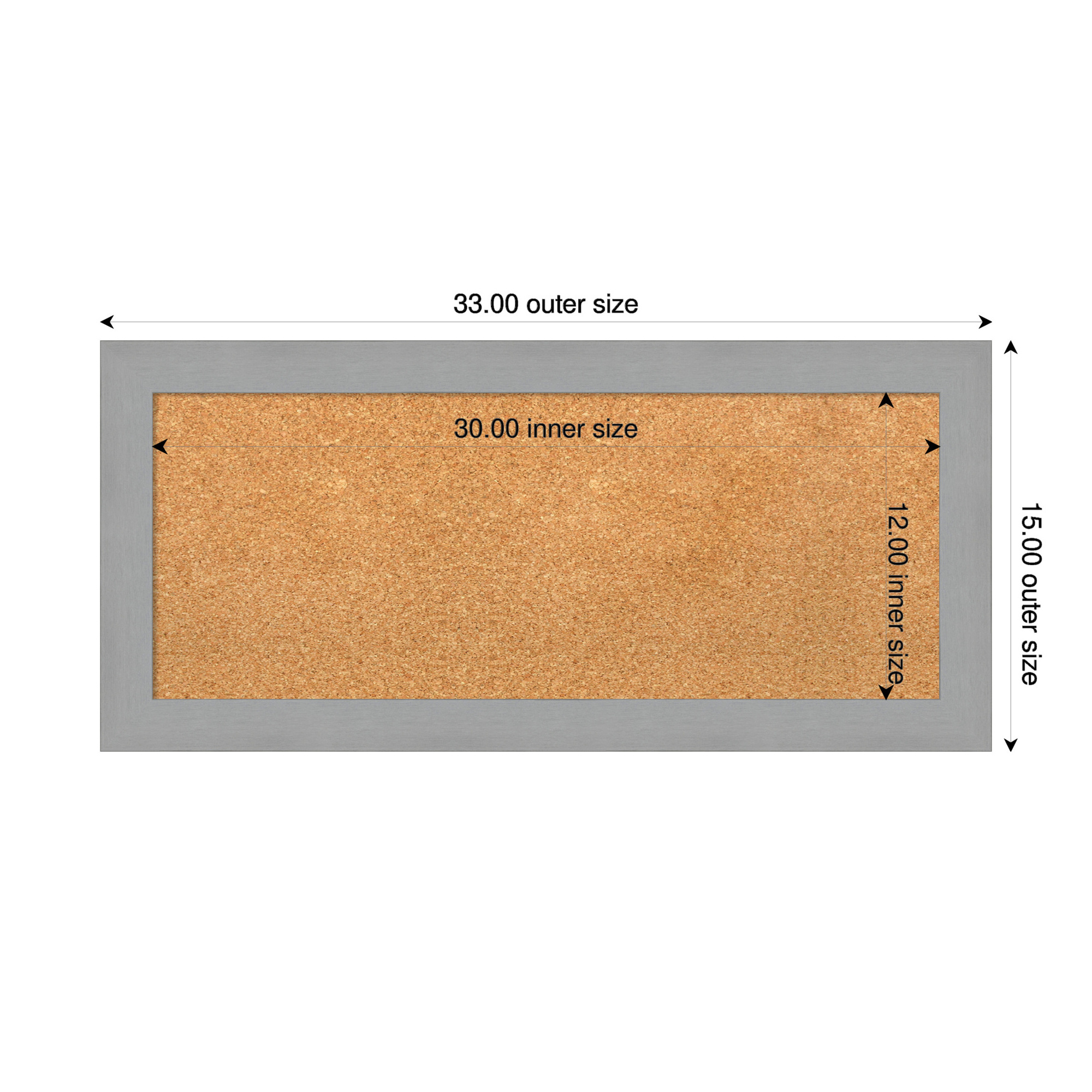 Amanti Art Natural Cork Board Framed Brushed Nickel Bulletin Board 33 in. x 15 in.