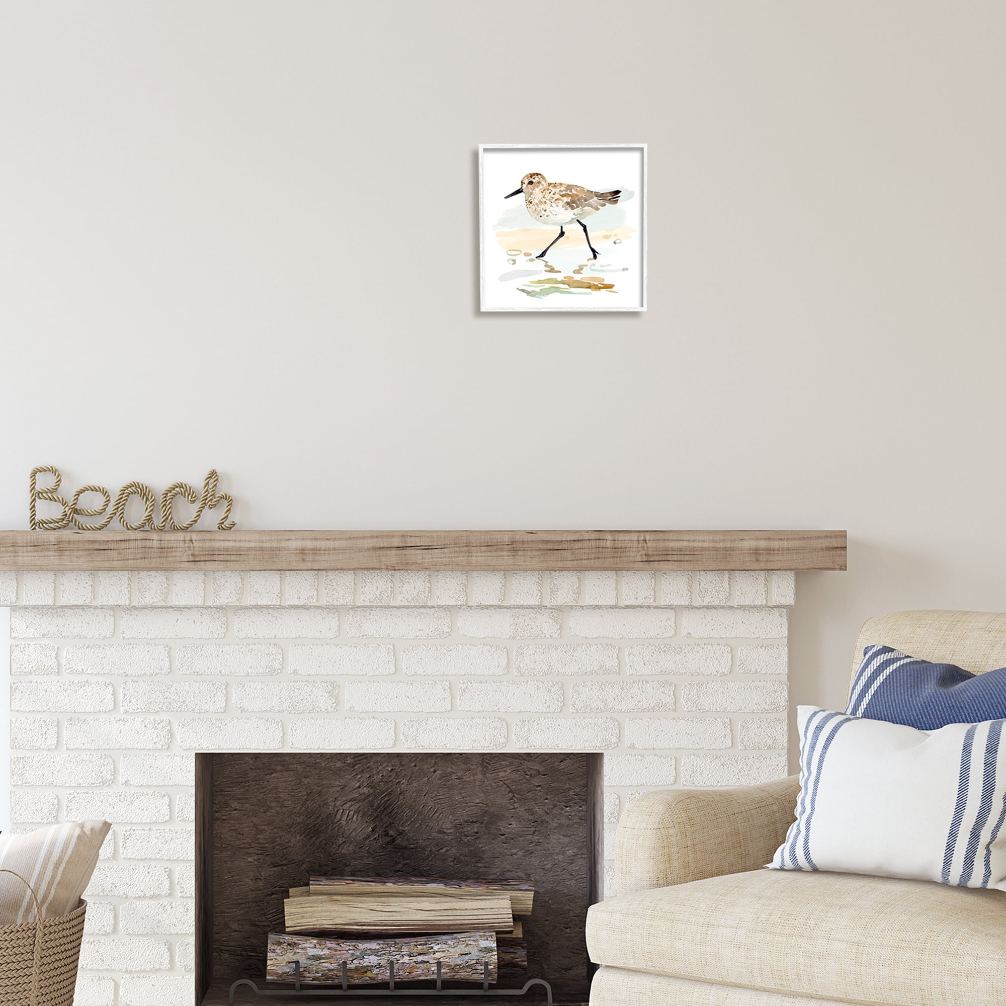 Stupell Industries Sandpiper Stepping on Shore Animals & Insects Painting White Framed Art Print Wall Art, 12 x 12