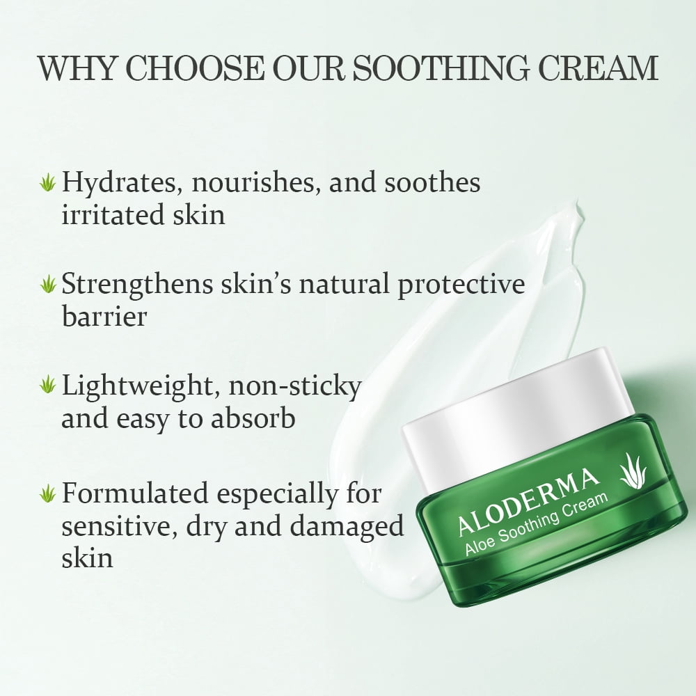 Aloderma Soothing Face Cream Made with 62% Organic Aloe Vera - Calming Facial Cream with Squalane & Vitamin E for Dry, Sensitive Skin - Reduces Redness, Helps Protect Damaged Skin, 50g/1.76oz