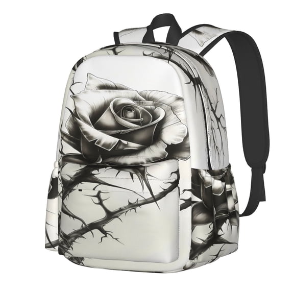 Rateoe Black And White Rose Pattern Student Backpack,Backpack for School,Lightweight Bag,Travel Backpack,Outdoor Backpack,Large Capacity Backpack