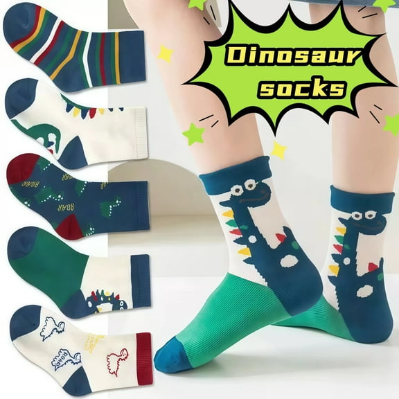 Dinosaur Print Kids Winter Socks – 5 Pairs Thick, Warm Crew Socks for 9-14 Year Old Children, Comfortable Cotton Blend, Ideal for Cold Weather