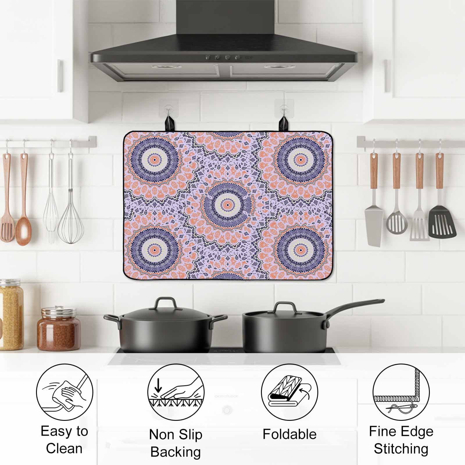 Pink Purple Geometric Stove Top Cover for Electric Stove, Heat-proof & Non Slip Glass Top Stove Cover Protector, Ethnic Indian Modern Abstract Art Kitchen Flat Cooktop Rubber Mat 24x21 Inches