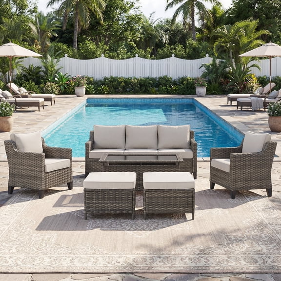 Opohoro 6 Piece Outdoor Furniture Set, PE Rattan Conversation Set with Patio Sofa, Wicker Chairs, Ottomans and Coffee Table, Beige for Deck Balcony Porch