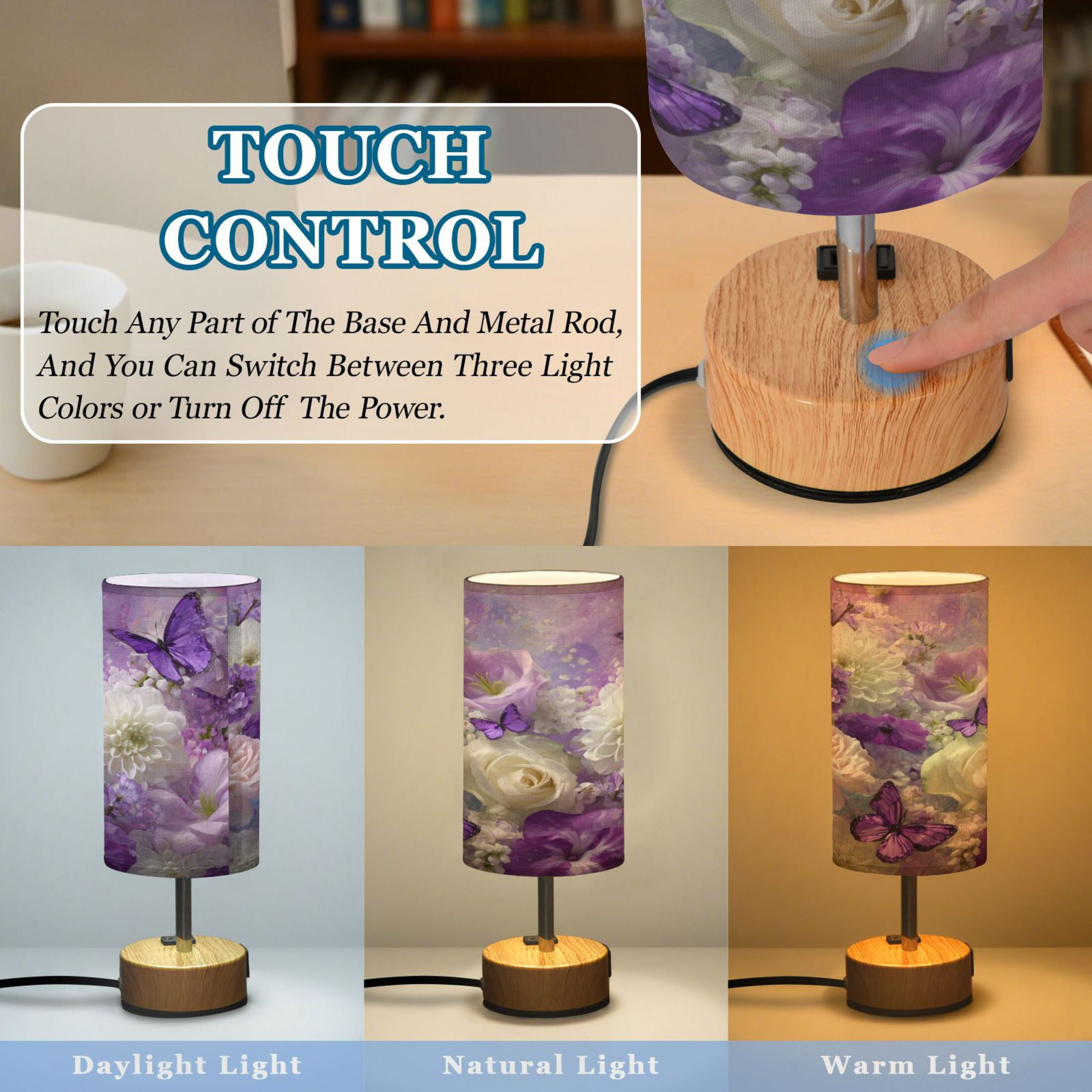 Wobogo Purple Butterfly Floral Bedside Lamp Touch Control Table Lamp with USB A+C Charging Ports & AC Outlet 3-Way Dimmable Nightstand Lamp with Linen Fabric Shade for Bedroom Living Room