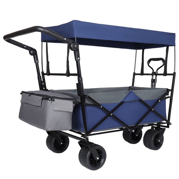 GDF Studio 46" Collapsible Wagon with Canopy & Push Handle, Heavy Duty All-Terrain Folding Utility Cart, Dark Blue