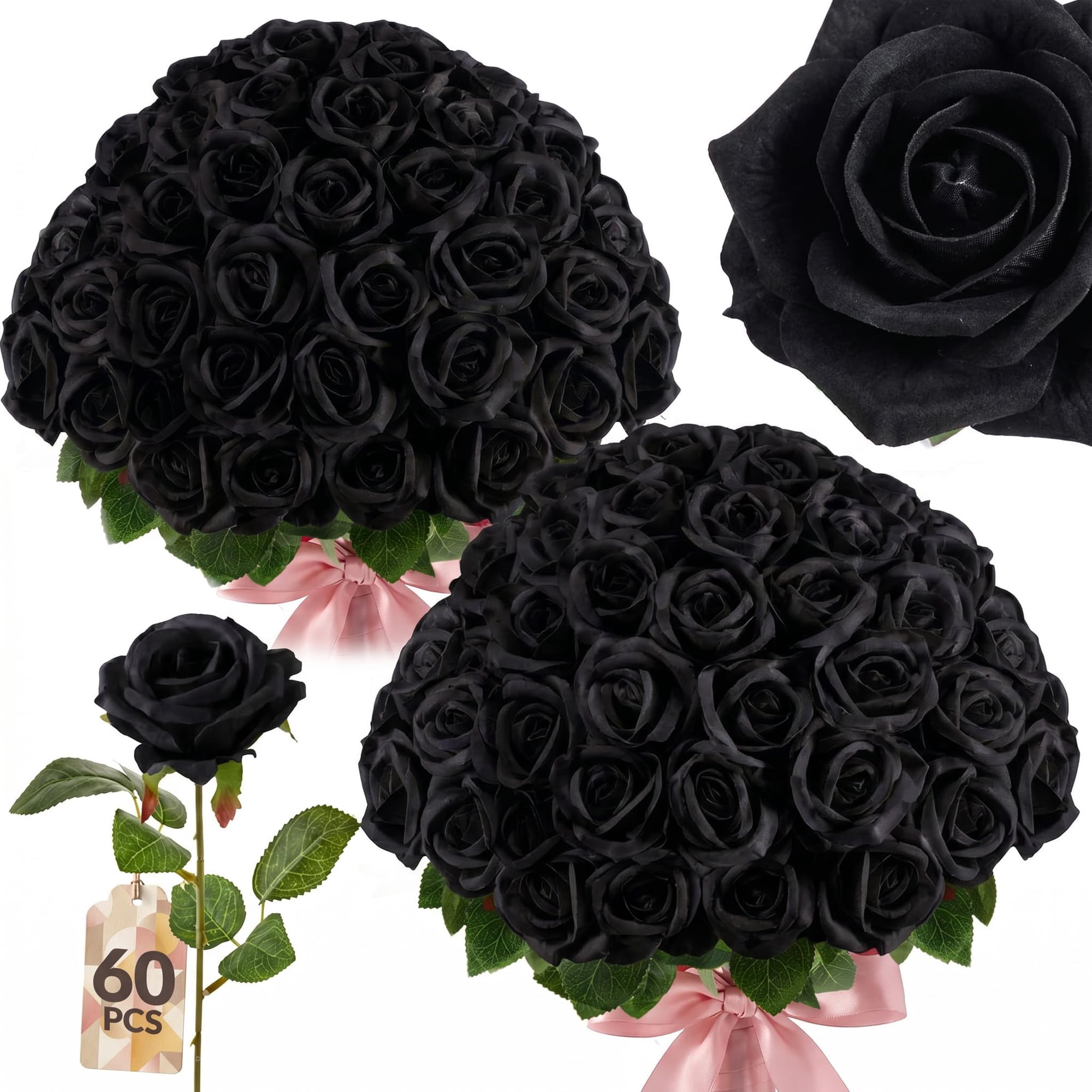 60PCS Roses Artificial Flowers with Realistic Foliage, Overall Length, Bendable Stems, Velvet-Soft Bulk Fake Roses for DIY Wedding Bouquets, Home Seasonal Decor