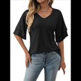 thumbnail image 3 of Camisetas Elegantes de Cuello en V para Mujer, de Doble Capa, con Mangas Acampanadas y Volantes de 3/4, Color Negro, Talla XXL, 3 of 8