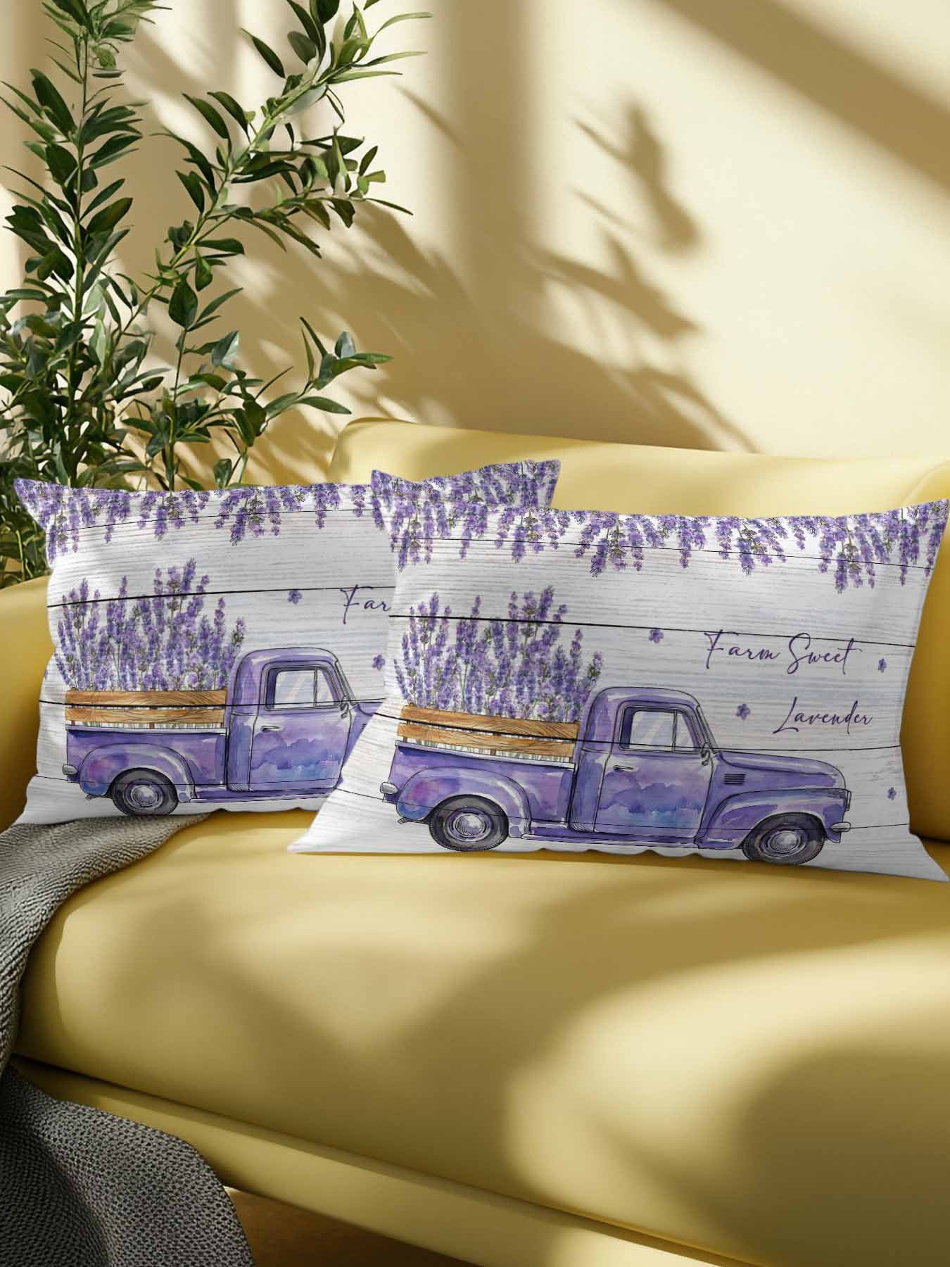 1 Pack Outdoor Throw Pillow, Purple Floral Waterproof Pillow with Insert Included, Spring Farmhouse Lavender Truck Wooden Gray Decorative Accent Cushion Lumbar Pillows for Patio Porch, 12 x 20 In