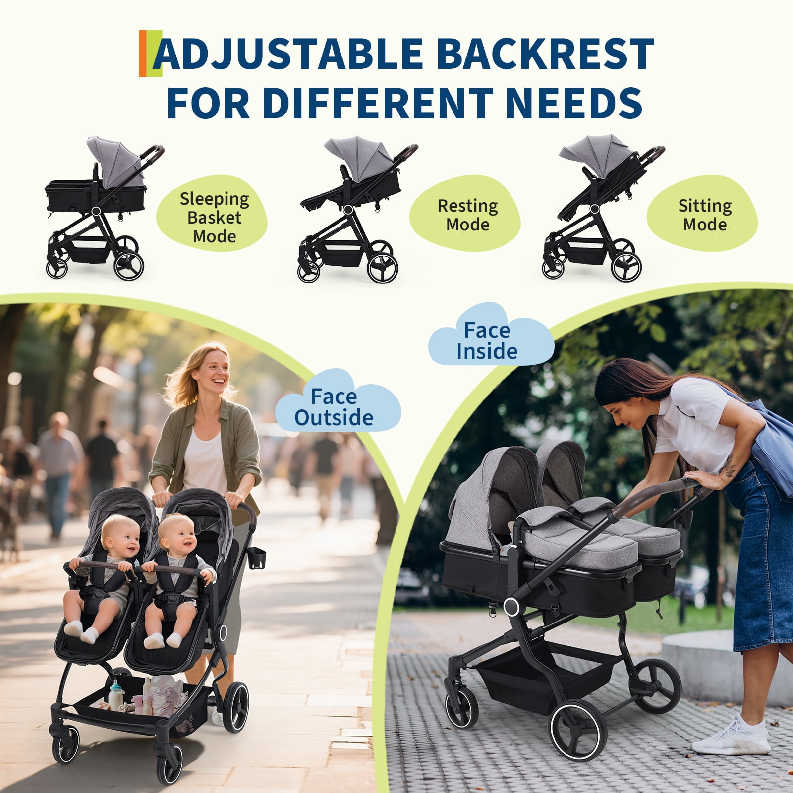 Roromall Side by Side Double Stroller for Twins, Adjustable Compact Folding Baby Travel Stroller with High Landscape Seat, Lightweight Canopy & Recline for Infant and Toddler
