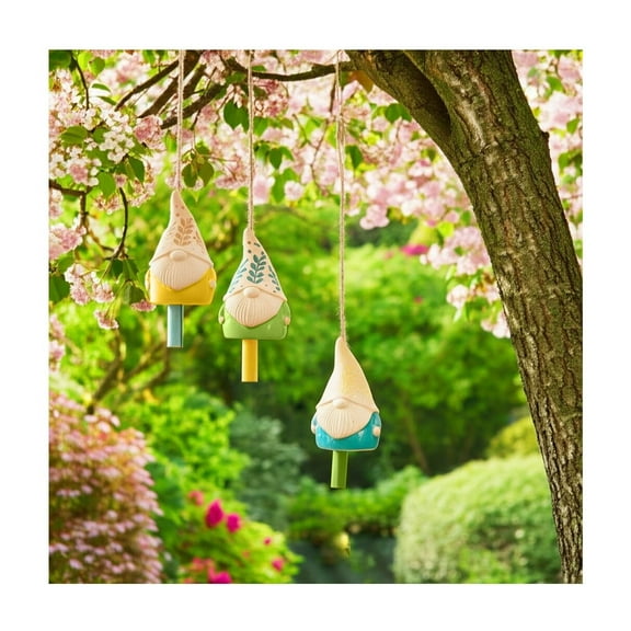 Decorative Gnome Shaped Garden Decor Wind Chimes for Outside - Ceramic Outdoor Hanging Decor for Patio or Porch - Modern Small Bell Chime Set for Home Decoration, Set of 3 - 7", Ivory & Yellow