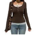 thumbnail image 6 of Franhais Women Casual T-shirt, U-neck Long Sleeve Lace Hem Vintage Shirt Leisure Tee Clothing for Female, 6 of 9