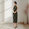 thumbnail image 3 of Women Summer Cheongsam Stand Collar Printing Off Shoulder Backless Split Hem Hollow Out Sleeveless Qipao Slim Fit Retro Chinese Style Banquet Party Cocktail Dress, 3 of 7